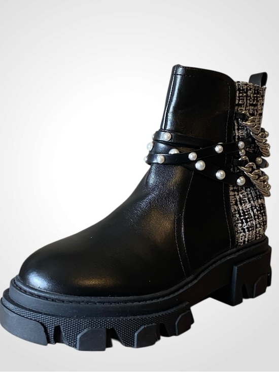 Nine West | Black Chain & Pearl-Embellished Ankle Boot | Punk Rock Boots NWOB - Picture 4 of 13